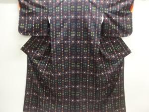 未使用品　格子に絣柄模様織出し手織り紬着物